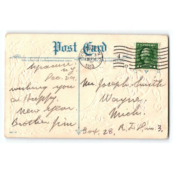 Vintage 1913 New Year Snowy Cabin Lithograph Postcard Divided Back - Picture 2 of 2